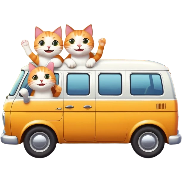 two cartoon cats in a van waving out the window at a small house in the background emoji