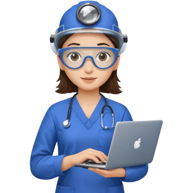 i need a brunette young woman in blue scrubs with brown eyes fair skin with safety goggles on and a laptop for research emoji