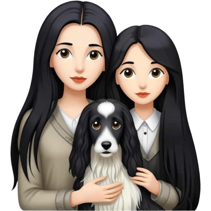 A girl with long black hair walks a black and white Afghan hound emoji