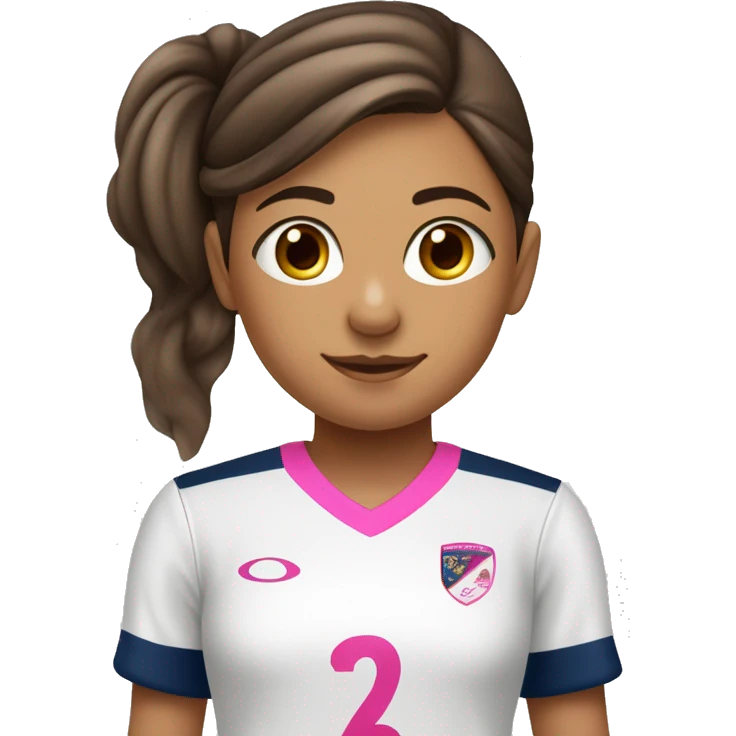 Una niña de 12 años con uniforme de fútbol con coleta alta cabello castaño y zapatos de fútbol rosados emoji