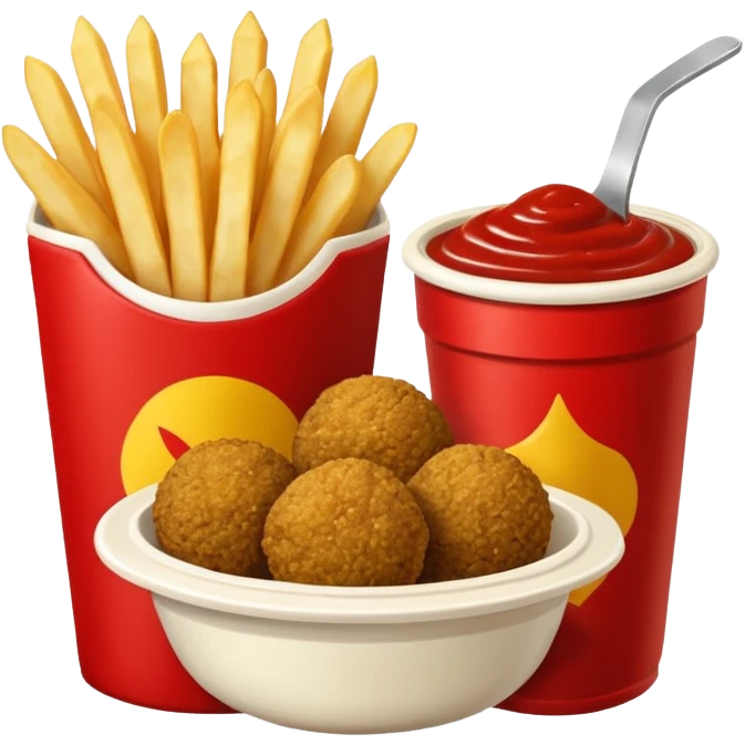 falafel and fries, with two containers with  red sauce and white sauce  emoji