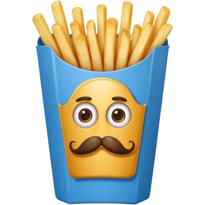 long slim crispy fries in a blue carton, carton has eyes and mustache emoji