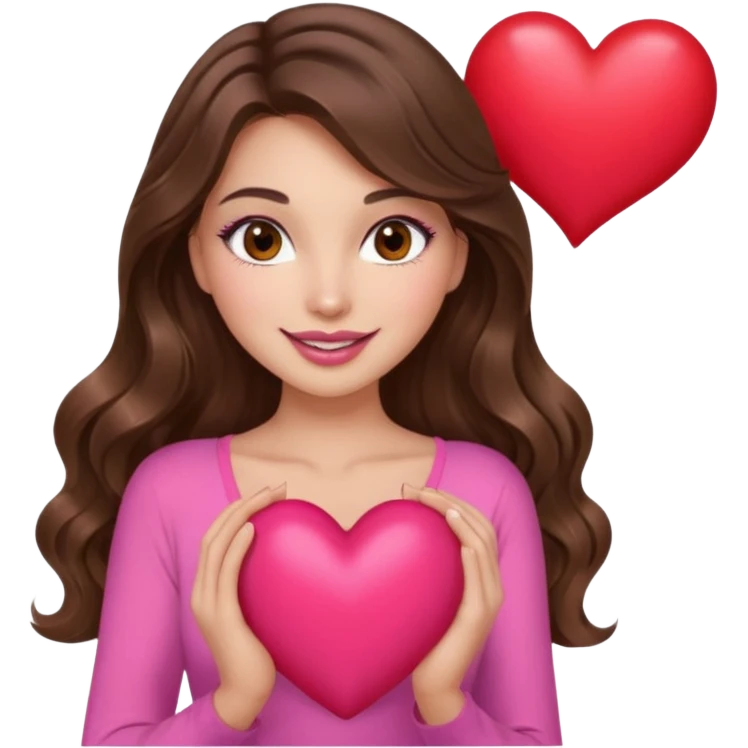 girl with long wavy brown hair, brown eyes, long lashes makeup, sexy pink lips, light to medium complexion, wearing a pink sexy top, smiling, holding a big heart emoji
