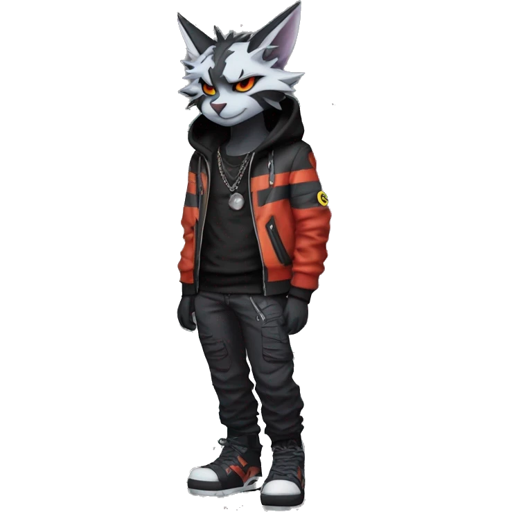 Cool Anthro Black Bat-Nargacuga-Litten-Lynx-Pokémon with edgy stripes hoodie spiked collar punk techwear Cargo Pants Full Body emoji