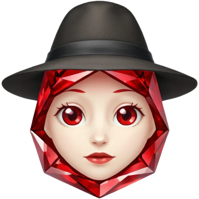 A single red crystal gemstone character wearing hat,  irregular with faceted very sharp sides,, , high detail, emoji