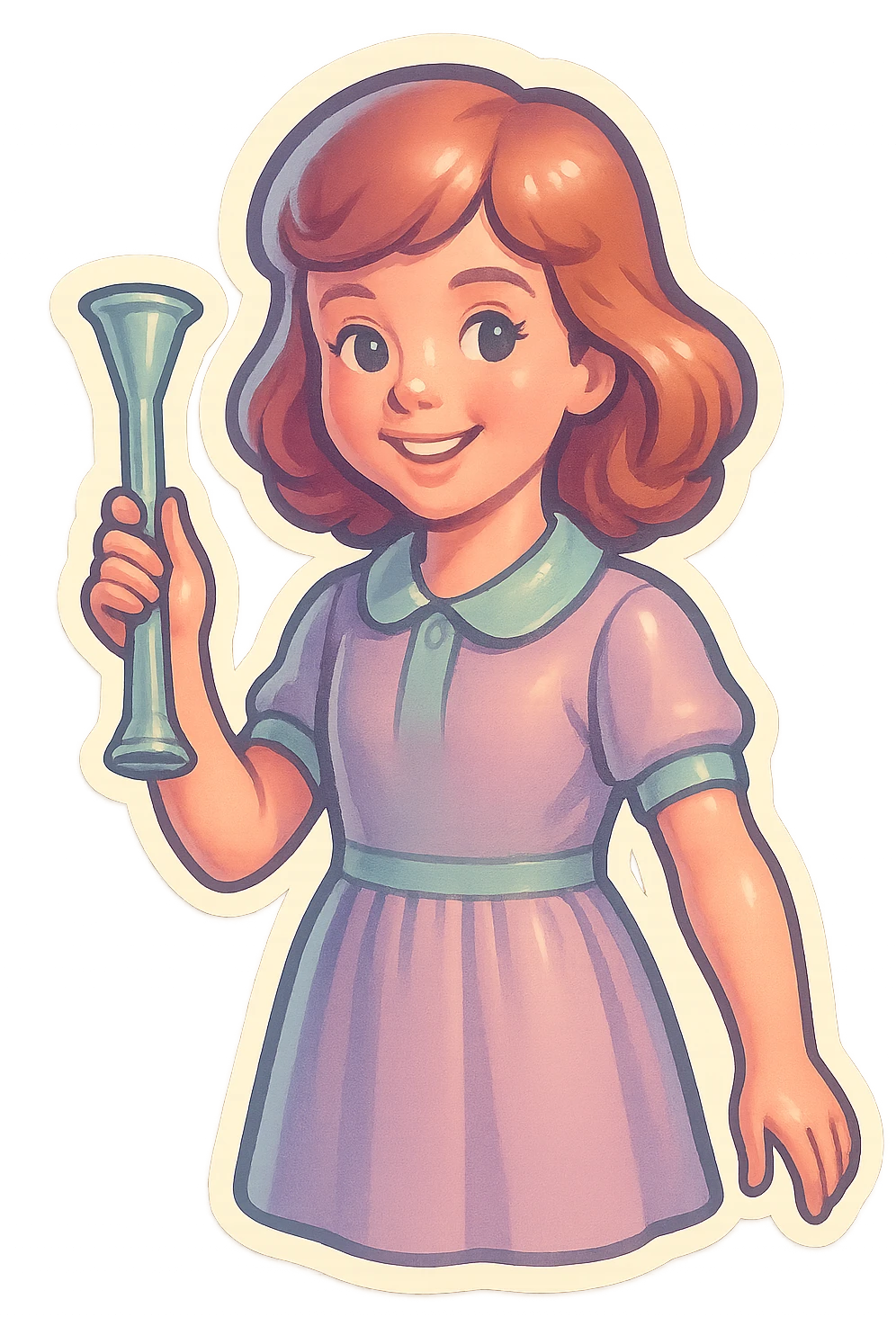 girl with appearance and clothing like the reference, holding an obstetric stethoscope in one hand, other hand down, smiling, detailed shadows and highlights, thin clean contours, soft rounded shapes, pastel palette #98B5BC, #B5B3C1, #C9A3C9, #E4C0CA, #F7DCD1, #F7C0AA, soft lighting, transparent background, no decorative elements, reference: https://attic.sh/jau3edb21wpllq8y3t37clkve1d7 emoji
