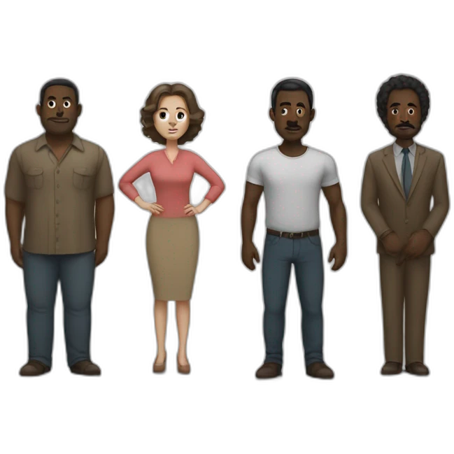 (six dark-skinned men) stand behind a pale woman emoji