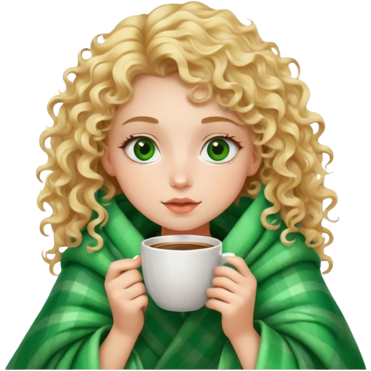 White girl blonde curly hair inside a blanket sipping coffee green eyes  emoji