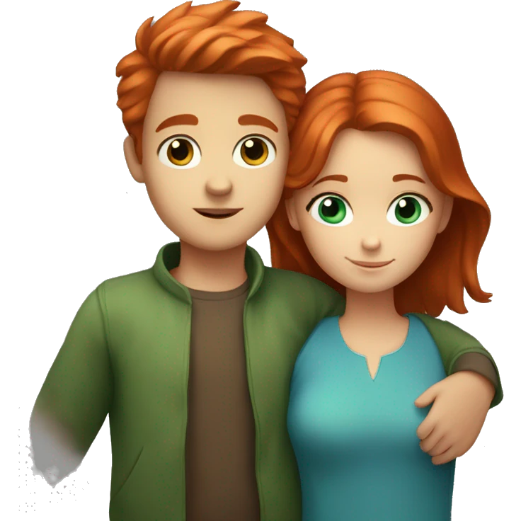 a red-haired boy with blue eyes hugs a girl with brown hair and green eyes emoji