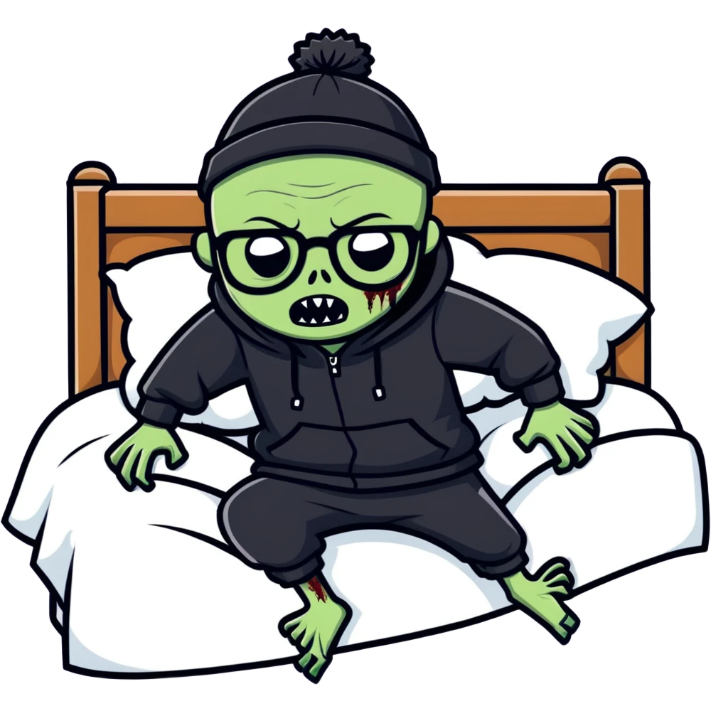 bald zombie with glasses, wearing a black beanie, black hoodie, stumbling into bed emoji