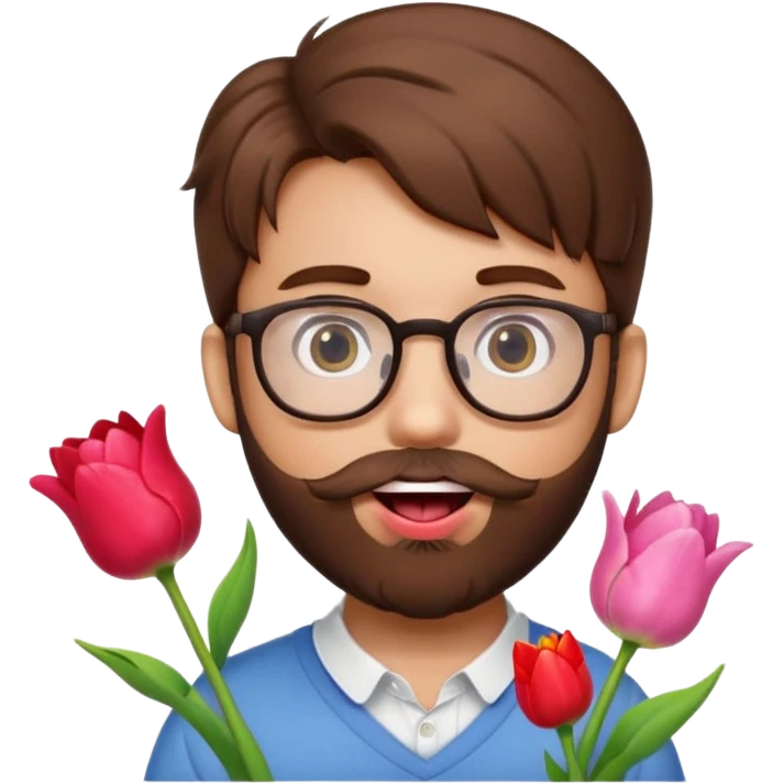 Brown hair guy and a heart shaped eyes with his tongue out with a beard and glasses with a hello kitty and a tulip in his hand   emoji
