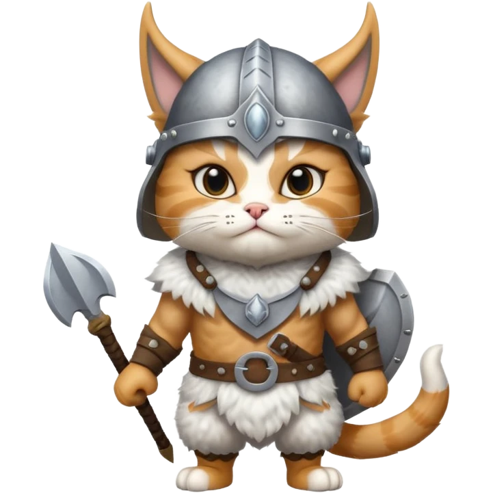valorous Viking cat in Valhalla, with a horned helmet, standing on a cloud emoji