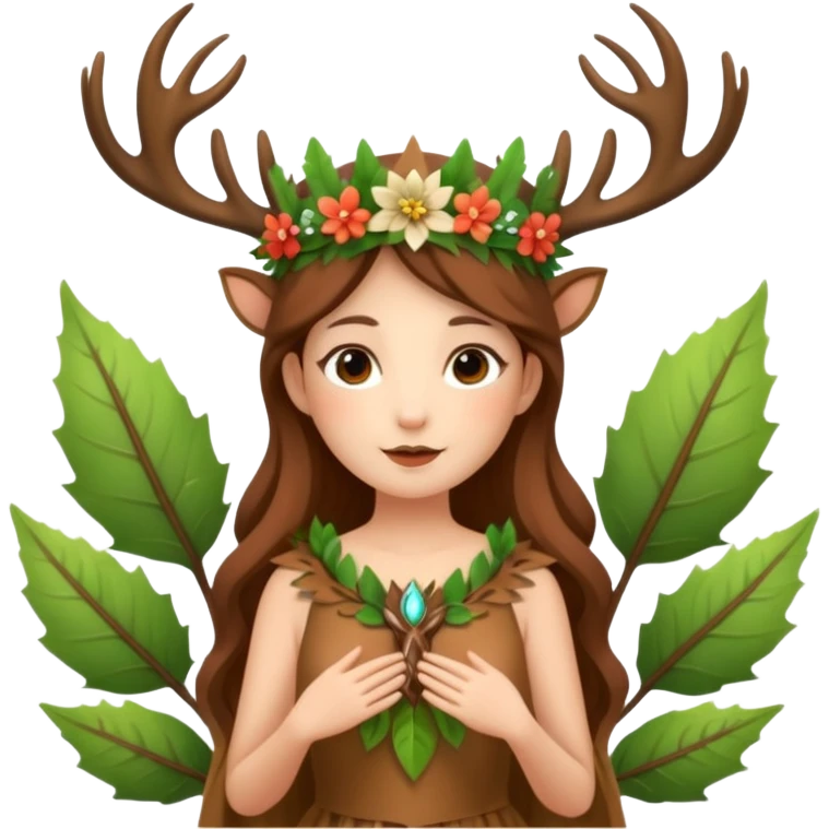 forest fairy woman dressed as deer spirit, antler crown and leaf dress, standing in flowers emoji