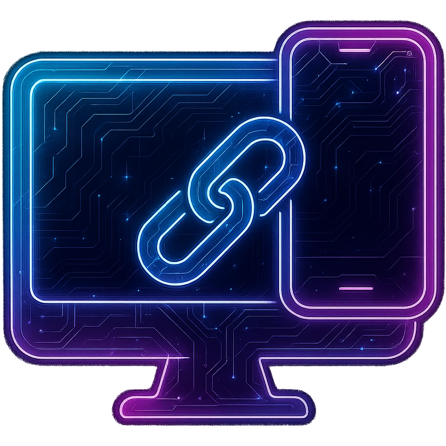 Create a 'PC phone link' icon in a cyberpunk, holographic style with glowing neon blue and pink edges, circuit patterns throughout, and a transparent background. The icon should feature a stylized computer monitor and a smartphone connected by a glowing, futuristic link or chain, all in a flat, clean, and futuristic cyberpunk look. The design should be visually balanced and clearly communicate the concept of linking a PC and a phone, matching the style of the previous cyberpunk icons. emoji