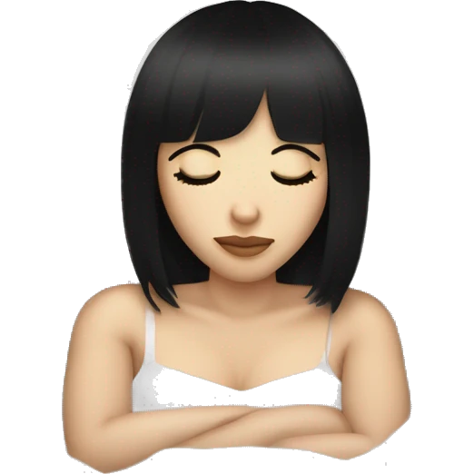 Woman pale skin black hair with bangs sleeping in bed with pillow, white woman emoji