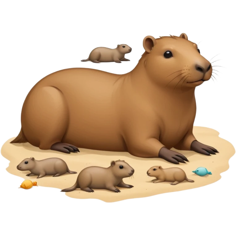 a capybara with a seal laying on a peaceful beach with other capybaras close by emoji
