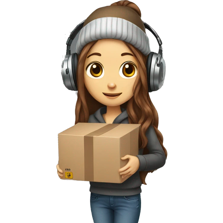 skinny young lady, long brown hair with beanie and big headphones holding a box emoji