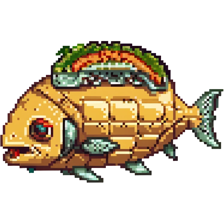 a cyborg robotic salmon who's body is made from a filled crunchy taco, with lettuce salsa meat and cheese. he is fish taco bot man his face and head, tail, and fins are metallic robotic construction, he has a slit visor across his face where his eyes should be like cyclops emoji