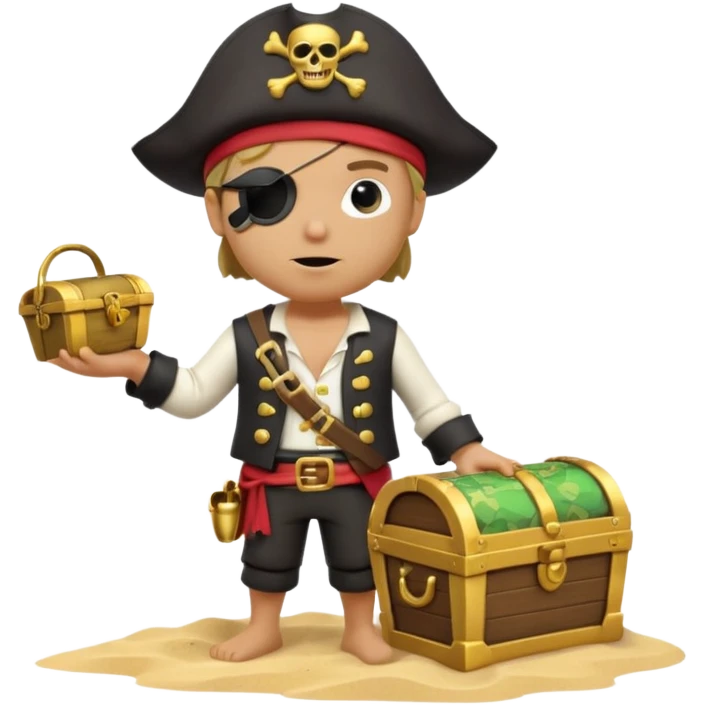 A 3D cartoon pirate with one eye covered by a black eye patch, holding a treasure chest of gold, wearing a hat, standing on sand, Memoji-style. emoji
