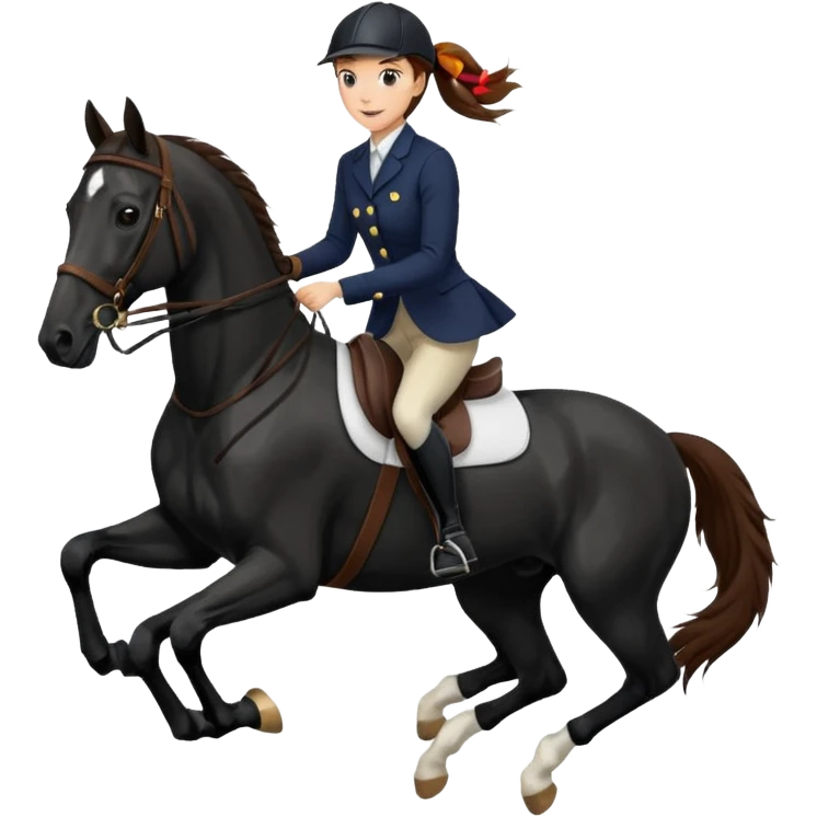 Lady brown hair ponytail show jumping black horse emoji