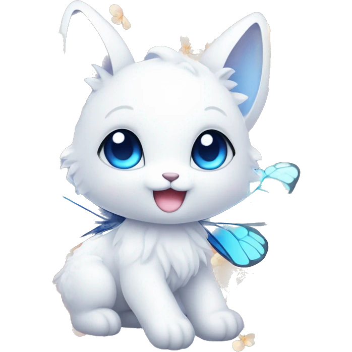 Edgy Cute Cool Kawaii gorgeous sparkly ethereal white fantasy animal with blue eyes sona with flowers and butterflies emoji