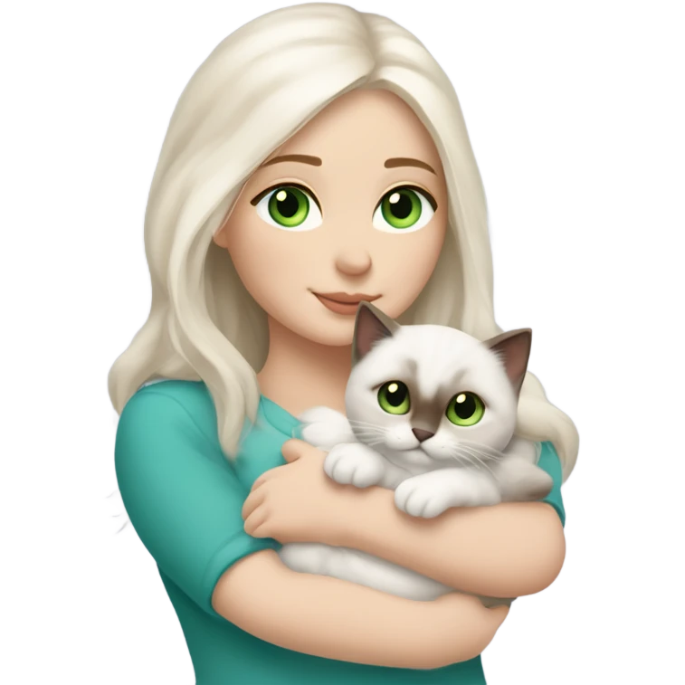 white woman with medium-length brown hair, green eyes and brown freckles on the face under the eyes, holding her sacre de birmanie kitten in her arms with much love, the baby cat has blue eyes, a lot of dark areas on ears and middle of the face. blue eyes emoji