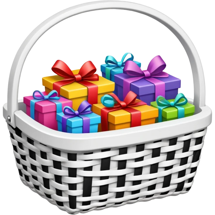 white small gift basket with small gifts inside and only 3 gifts the gift basket color white and black emoji