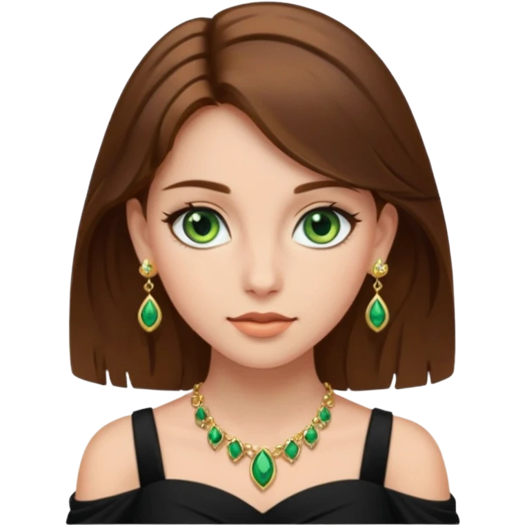 Μια κοπέλα καστανή με μαύρα ωραία ρουχα και σκουλαρίκια και κοσμήματα και βαμμένη ελαφρό και πράσινα μάτια τα κοσμήματα λίγα και χρυσα τα κοσμήματα να είναι λίγα και λεπτα και βαμμενοι emoji