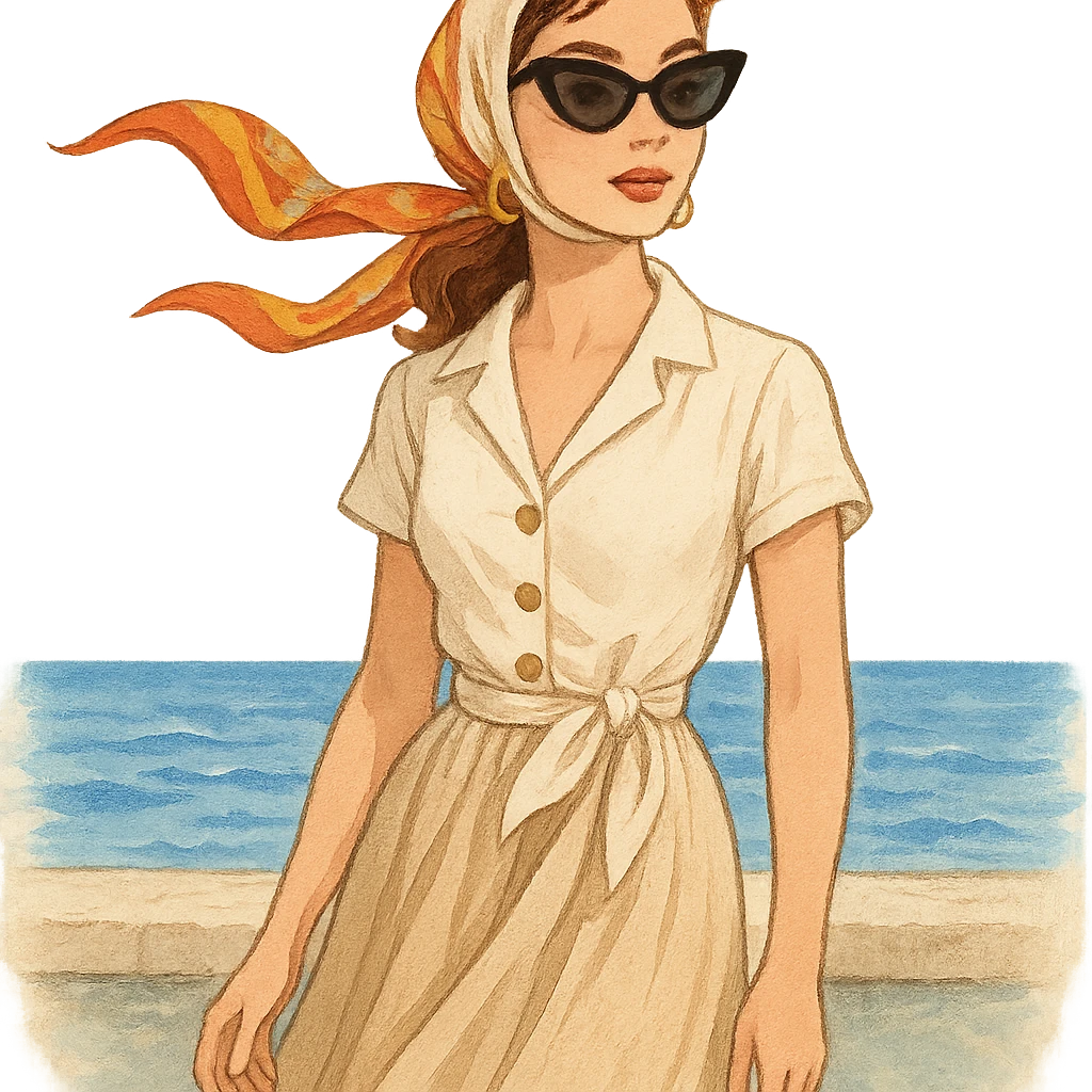 Riviera-inspired girl with scarf, sunglasses, breezy outfit, standing by the sea emoji