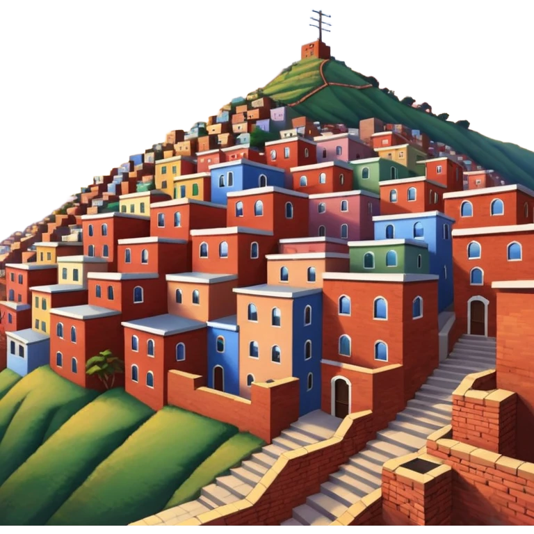 Urban Peruvian hillside neighborhood, brick houses stacked on steep hills, unfinished red brick buildings, colorful painted facades, narrow stairways, electric cables crossing the sky, sunset lighting, realistic style, cinematic, high detail in the desert emoji