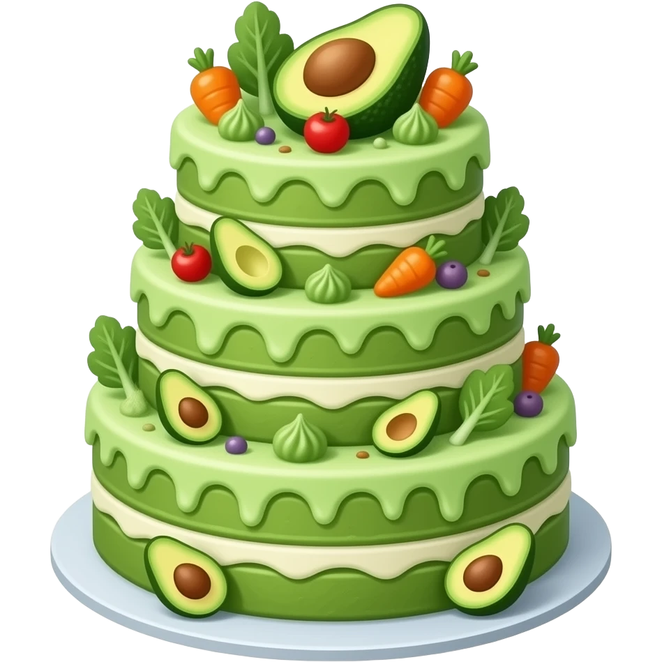 Avocado themed cake with green vegetables and green frosting and it’s cute and it has seven layers and it’s tall emoji