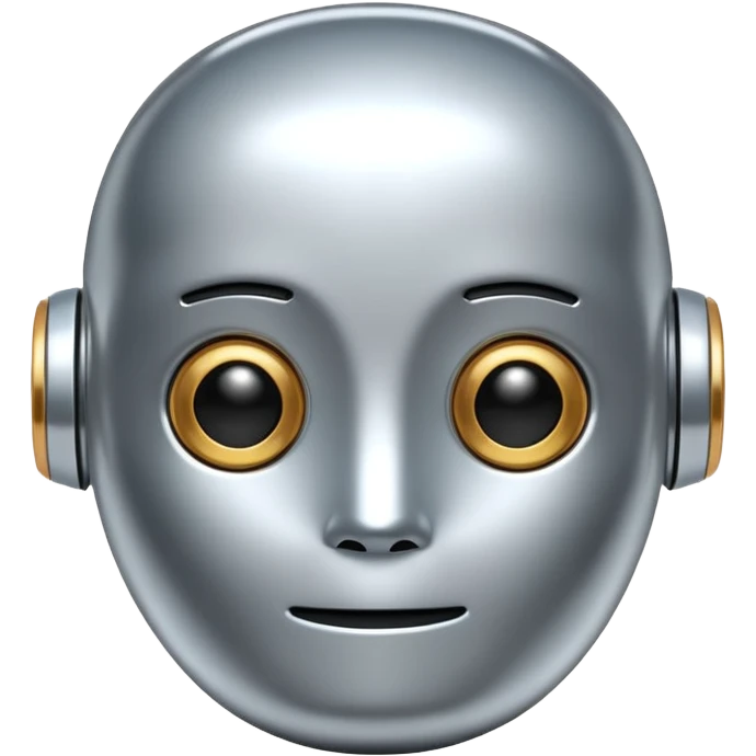 A cute futuristic robot emoji made of silver chrome, rounded friendly body, minimal facial features, glossy metallic surface, soft reflections, iOS emoji style, centered, clean white background emoji