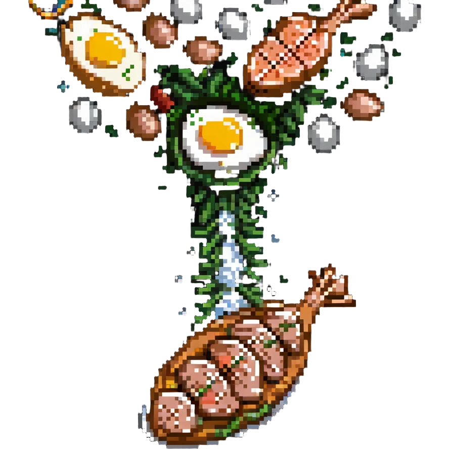 Pixel art protein explosion with chicken breast, steak, salmon, and egg shooting upward from bottom, with sparkle effects, DNA pixel animations around them, and simplified muscle figure outline in background emoji