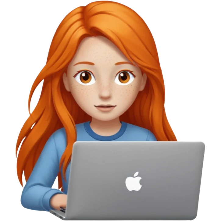 a girl who has a long orange hair is using a laptop emoji