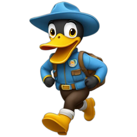 Un pato corriendo con lentes oscuros y botas vaqueras emoji