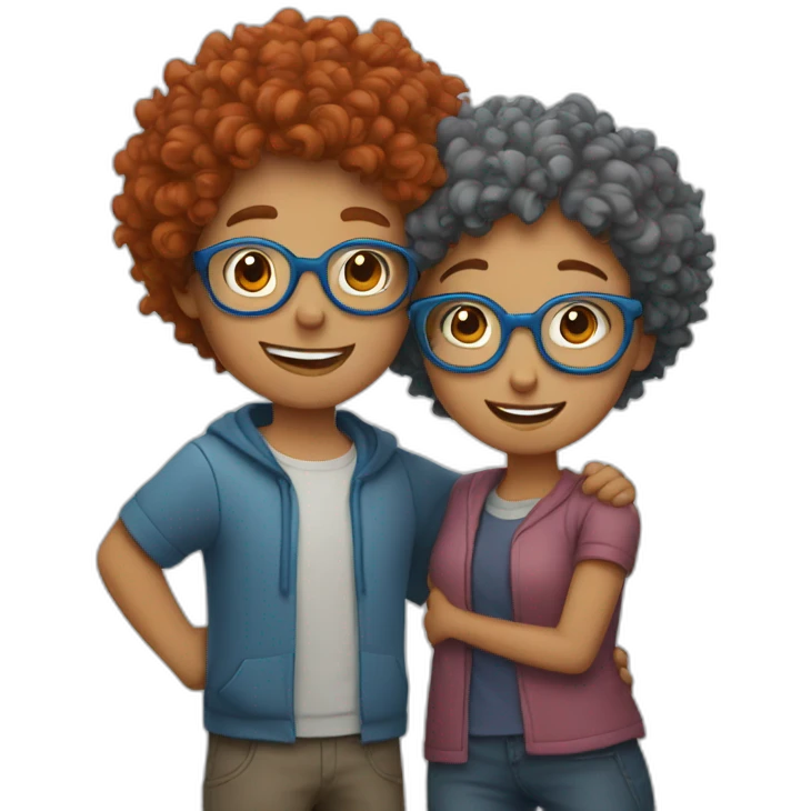 a girl with red curly hair and blue glasses hugging a boy with gray hair emoji