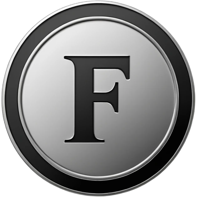 Emoji icon of a metal coin with engraved letter F, minimalist style, isolated, only black color emoji