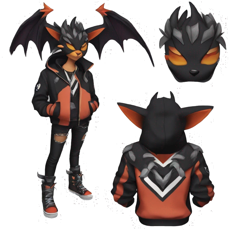 Cool Anthro Black Noivern-Quiana-Litten-Pokémon with edgy stripes hoodie spiked collar punk Full Body emoji