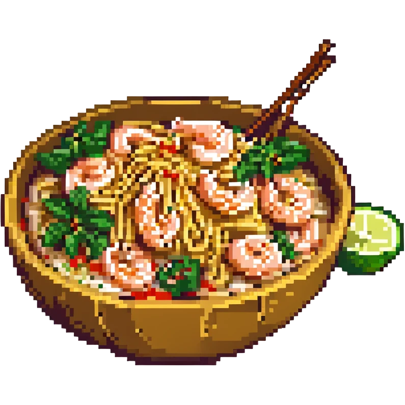 pixel art style pad thai, noodles with shrimp and lime, vibrant and simple emoji