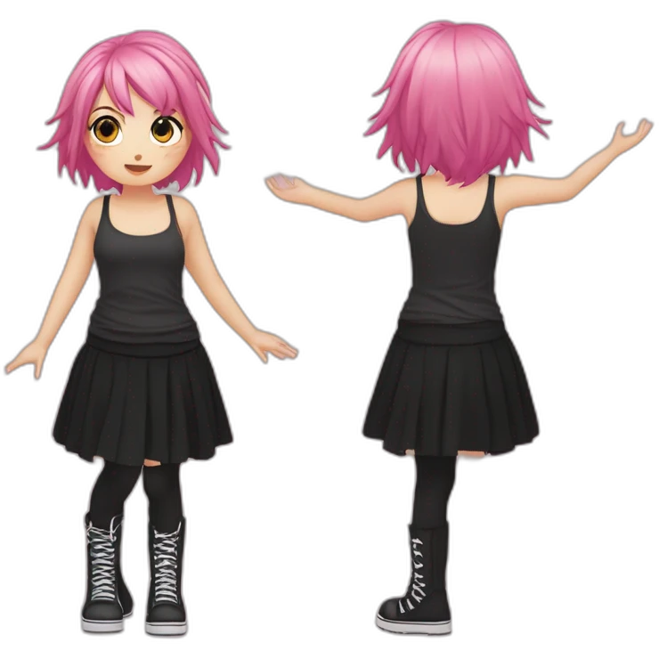 Full body Front view curvy emo girl pink hair sits on the floor straight view hands up black skirt белые трусики emoji