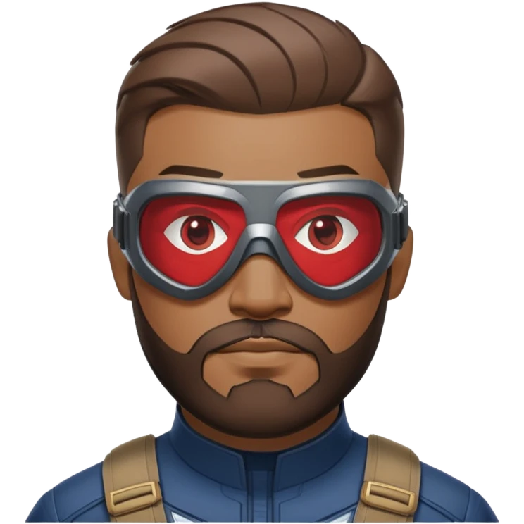 sam wilson with very short, neatly cropped and a well-groomed beard that connects to his mustache,  wear sleek, red-tinted tactical goggles fit snugly from captain america: civil war emoji