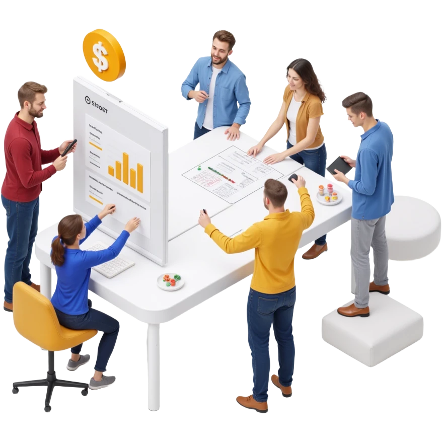 a diverse team sketching ideas on a whiteboard, skeuomorphism style emoji