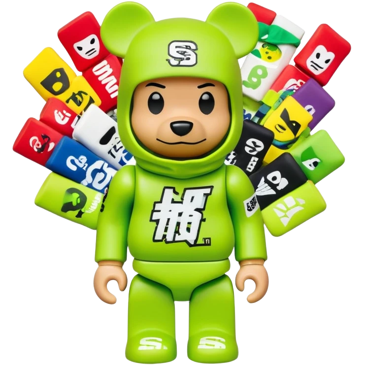 bearbrick toy with cubic head wearing a lime green balaclava covered in multiple street brand logos like Supreme, Nike, Adidas, Off-White in graffiti style, chaotic and adventurous logo placement, expressive eyebrows emoji