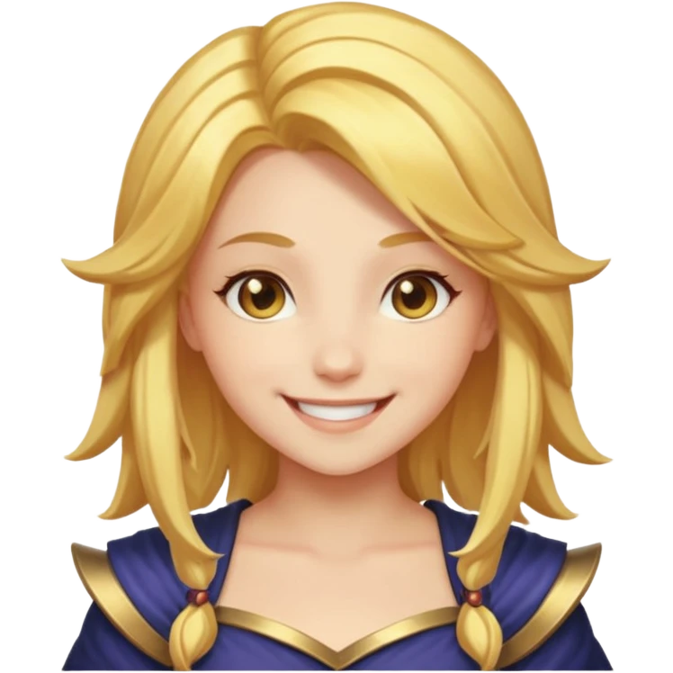 close-up face of Lux from League of Legends, smiling, golden hair emoji