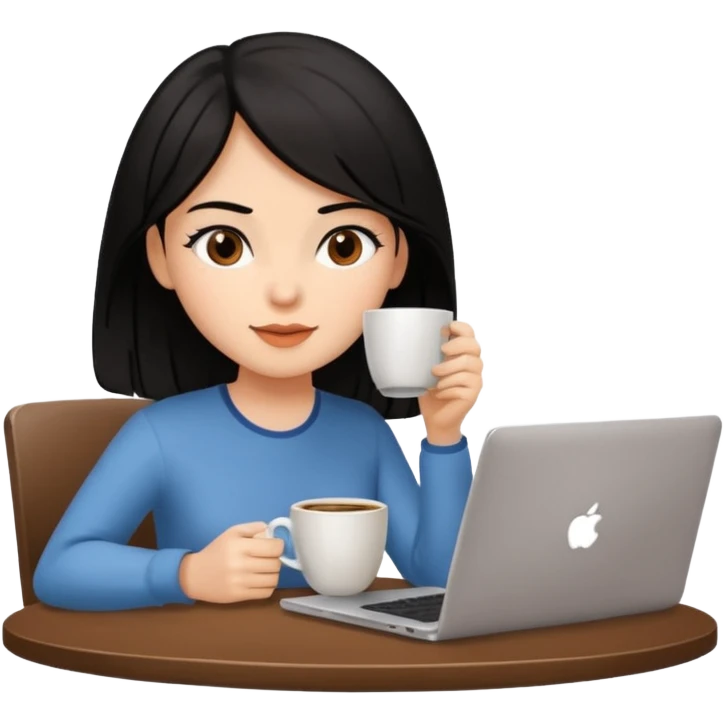 laptop and coffee are on the table. coffee is not on the laptop. the girl with medium-length black hair is drinking coffee. emoji