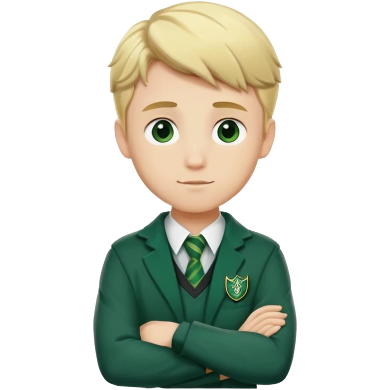 Blonde male student wearing Slytherin uniform with arms crossed emoji