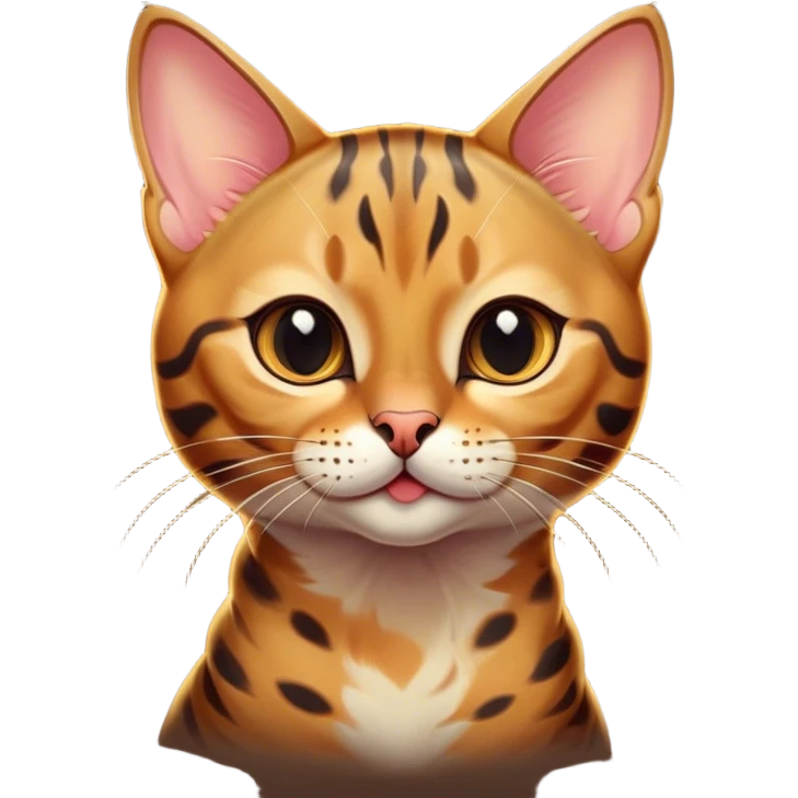 Cinematic Cute Bengal Cat Portrait Emoji, Playful and charming, sleek spotted brown and gold tones, Simplified yet adorable features, highly detailed, glowing with a warm, friendly glow, high shine, curious and affectionate, stylized with a touch of whimsy, head tilted in a playful and inquisitive manner, soft glowing outline, capturing the essence of a mischievous yet loving kitten, so endearing it feels like it could pounce out of the screen and play! emoji