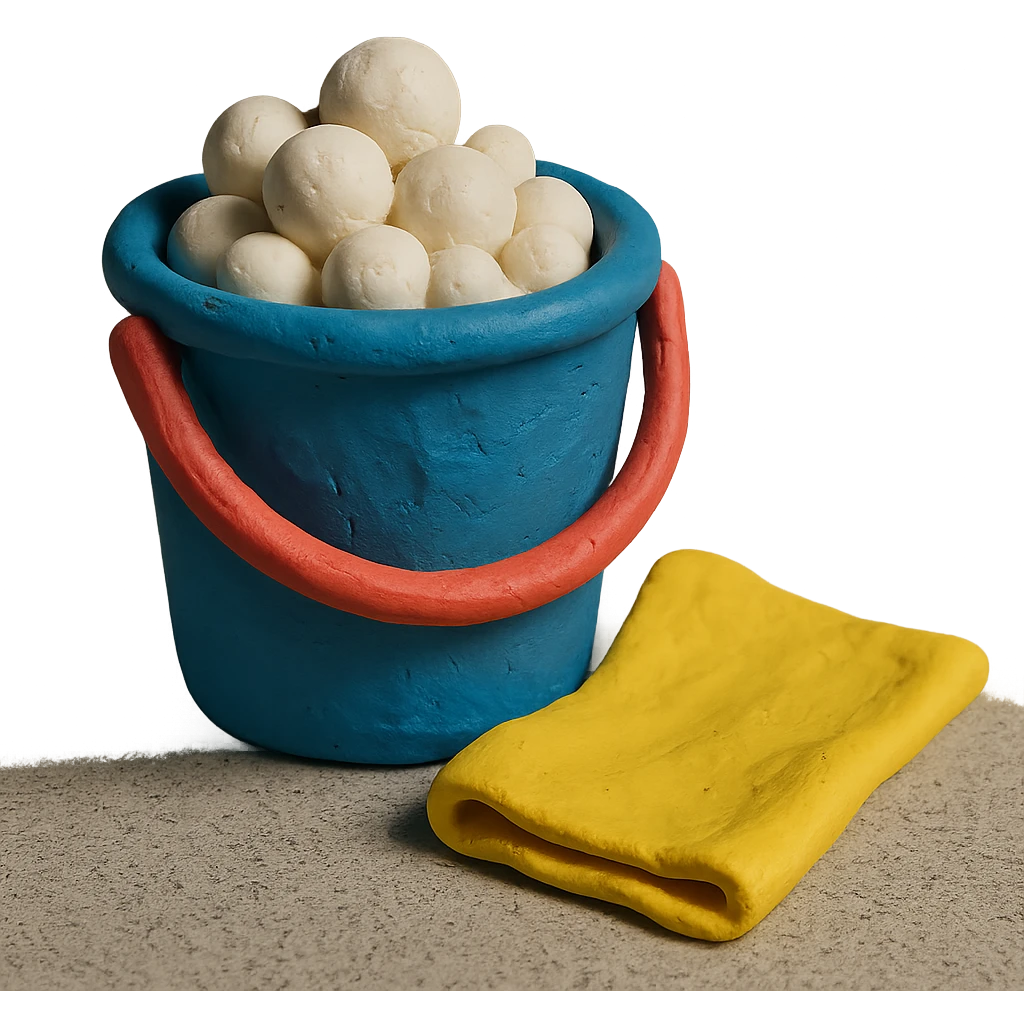 bucket with bubbles and cleaning cloth in claymation style, soft matte finish emoji