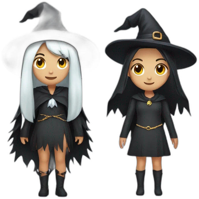 two girls with witch costume and chained ghost spirit costume emoji