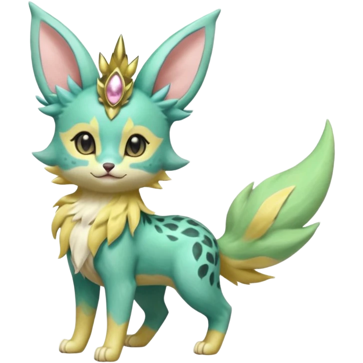 Epic complex detailed pastel minty green, pastel beige yellow pastel realistic aesthetic-scenic-Fakémon-Zorua-Litten-Leafeon-Sylveon-Trico-Sergal-Serval-Vernid-creature (full body) with far wings, shiny sparkly fairycore theme  emoji
